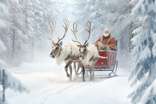  a man riding in a sleigh pulled by two reindeers.  generative ai
