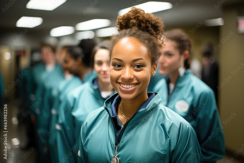 Cheerful medical professional with stethoscope, flanked by colleagues in a busy hospital setting. Cheerful medical professional with stethoscope, flanked by colleagues in a busy hospital setting.