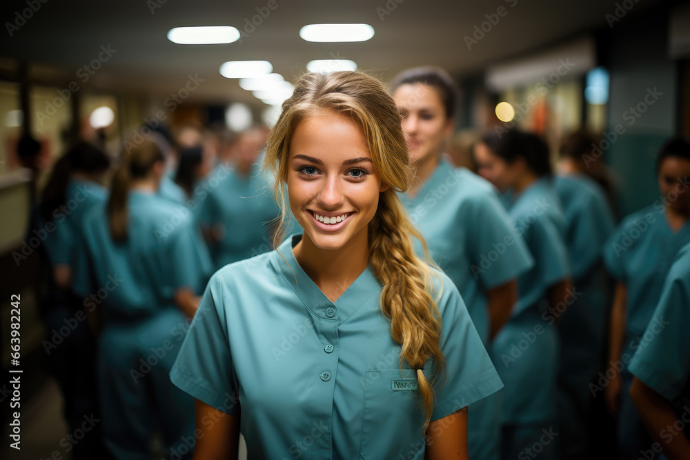 Smiling nurse in teal scrubs stands confidently among medical team in a busy hospital corridor.