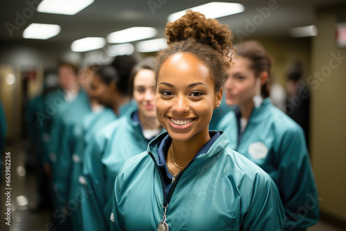 Cheerful medical professional with stethoscope, flanked by colleagues in a busy hospital setting.