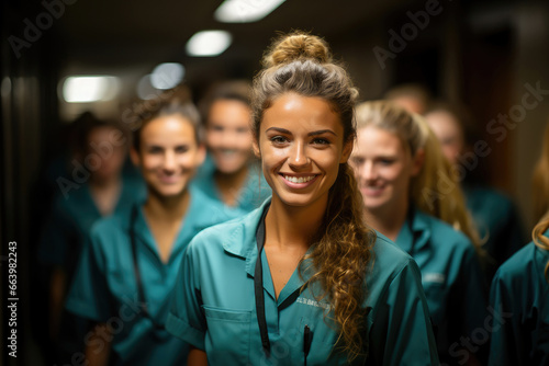 Focused healthcare worker in foreground with bustling medical team in the background.