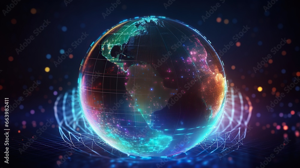 Obraz premium Big data abstract background with planet Earth. Futuristic technology network concept. Global database visualization.