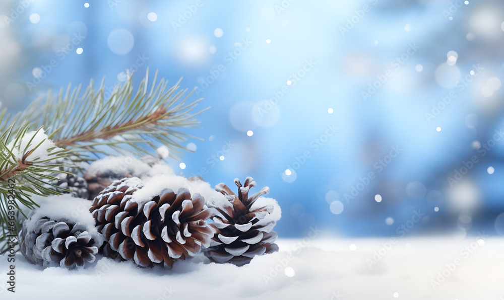 Banner with falling snow and pine branches and pine cones on light blue blurred background, empty space for inserting text or logos, holiday theme Banner with falling snow and pine branches and pine cones on light blue blurred background, empty space for inserting text or logos, holiday theme