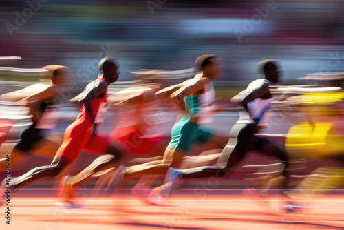 Runners compete intensely on a race track on Olympic Games in motion blur. © Anna