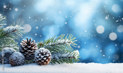 Banner with falling snow and pine branches and pine cones on light blue blurred background, empty space for inserting text or logos, holiday theme