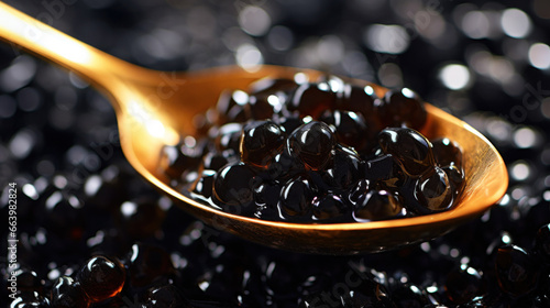 Metal spoon and black caviar, closeup