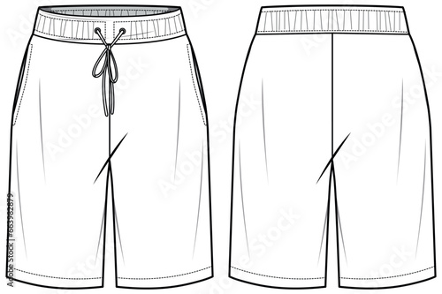 Men's Sweat shorts front and back view flat sketch fashion illustration, Knitted Jogger short design drawing vector template