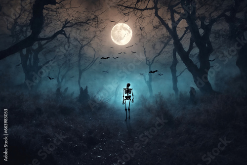 a skeleton walks along a path in a mystical forest on Halloween night, bats on the background of a large full moon in a dark sky, atmospheric and fabulous