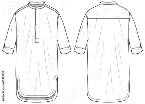 Mens long sleeve tunic shirt flat sketch illustration CAD drawing, Band collar long line kurtha shirt for casual wear and ethnic wear fashion illustration template mock up, Mandarin collar Woven shirt