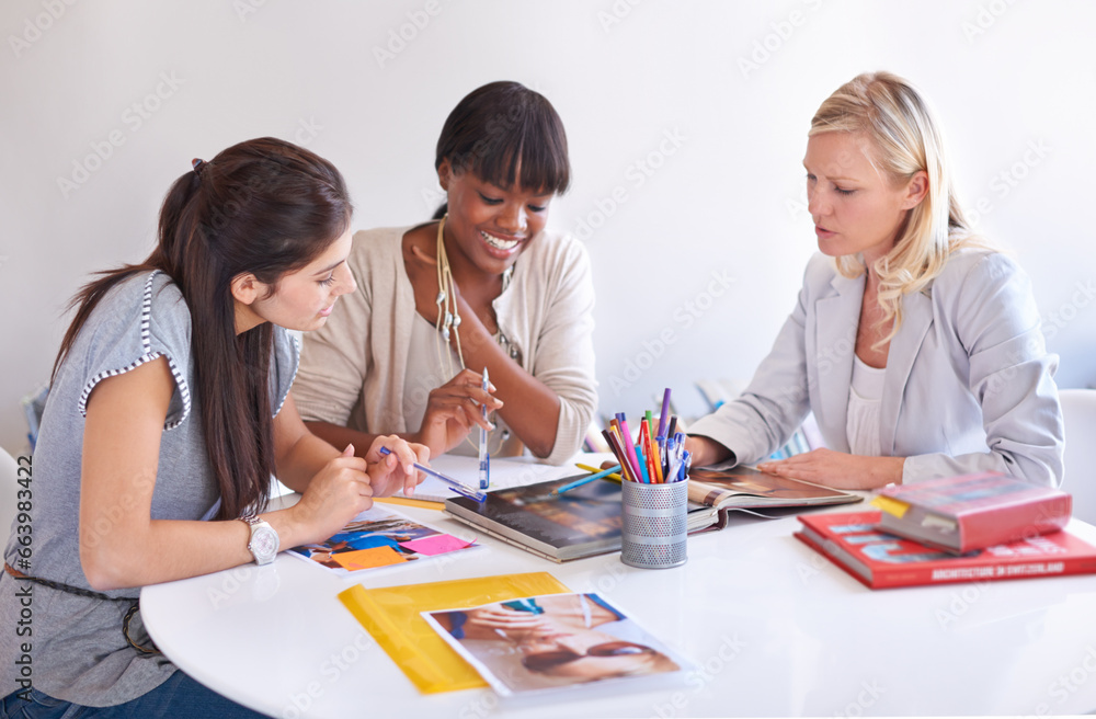 Business women, teamwork and meeting of magazine, graphic design and project brainstorming or proposal. Group of people, designer and b2b manager with portfolio book, planning and advertising agency Business women, teamwork and meeting of magazine, graphic design and project brainstorming or proposal. Group of people, designer and b2b manager with portfolio book, planning and advertising agency
