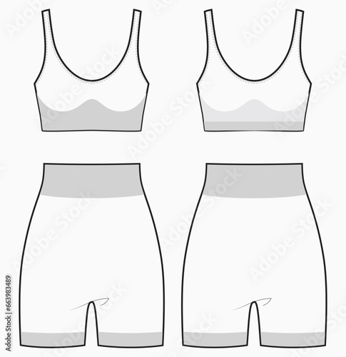Women Running set with Sports bra top and tights short Leggings active wear design flat sketch fashion Illustration suitable for girls and Ladies. Two piece Swim, yoga, gym, running and sports kit