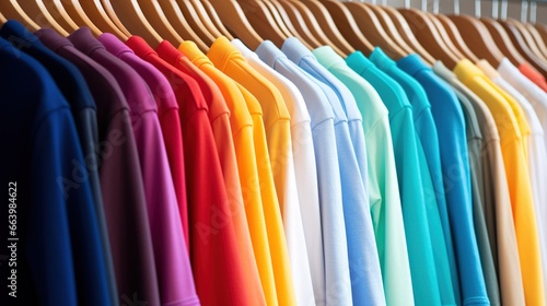Generative AI, Colorful t-shirts on hangers, apparel background, print on demand concept, cloth store 