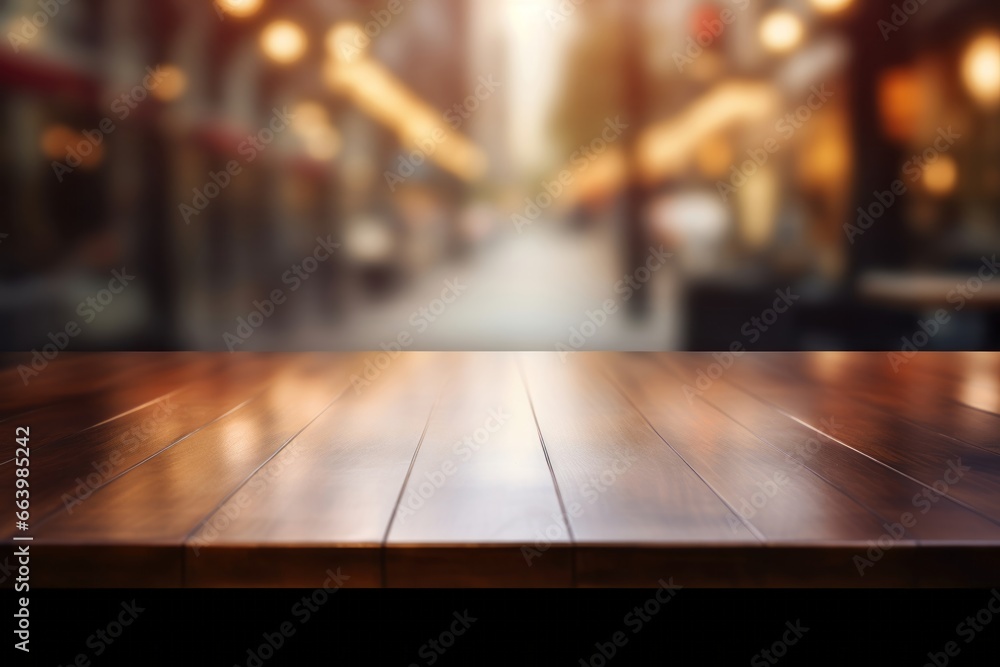 Warm toned wooden table against blurred city lights, an inviting display space with an urban evening ambiance. Warm toned wooden table against blurred city lights, an inviting display space with an urban evening ambiance.