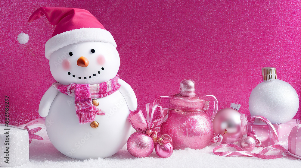christmas snowman in a hat, christmas decorations, trendy color, pink shades christmas snowman in a hat, christmas decorations, trendy color, pink shades