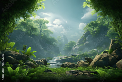 Rainforest illustration: Wild jungle where sunlight meets the shimmering lake. Trees frame the scene, and a distant waterfall cascades down. View from outside the forest.