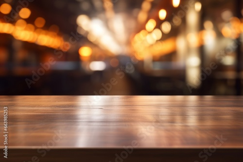 Warm toned wooden table against blurred city lights, an inviting display space with an urban evening ambiance.