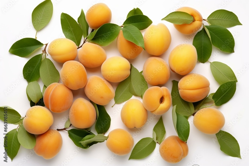 Isolated apricots with leaves on white background. Generative AI