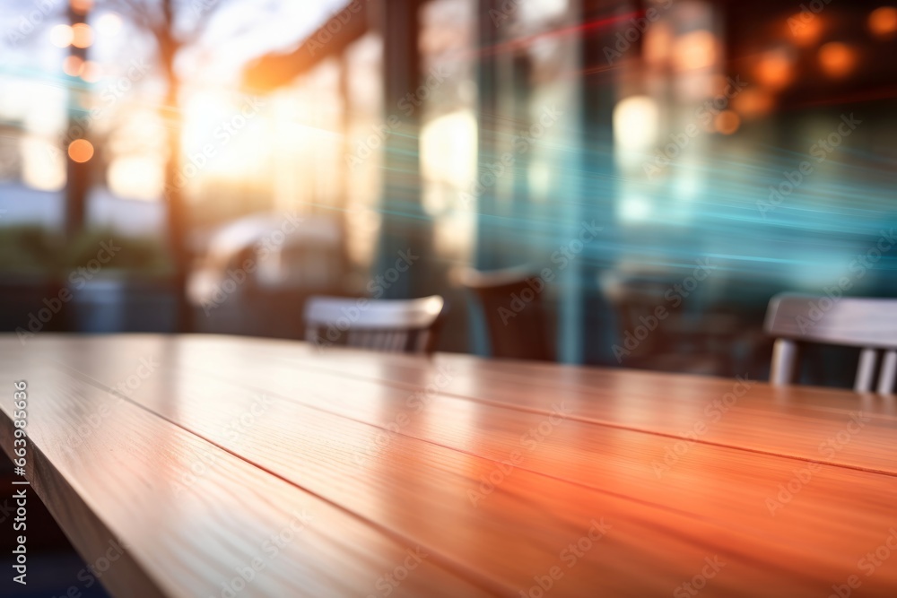 Warm toned wooden table against blurred city lights, an inviting display space with an urban evening ambiance. Warm toned wooden table against blurred city lights, an inviting display space with an urban evening ambiance.