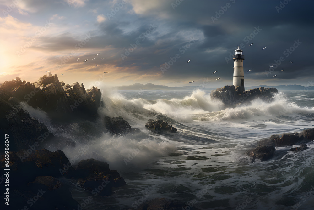 Solitary lighthouse on a wind-swept coastline emphasizing the vastness of the ocean