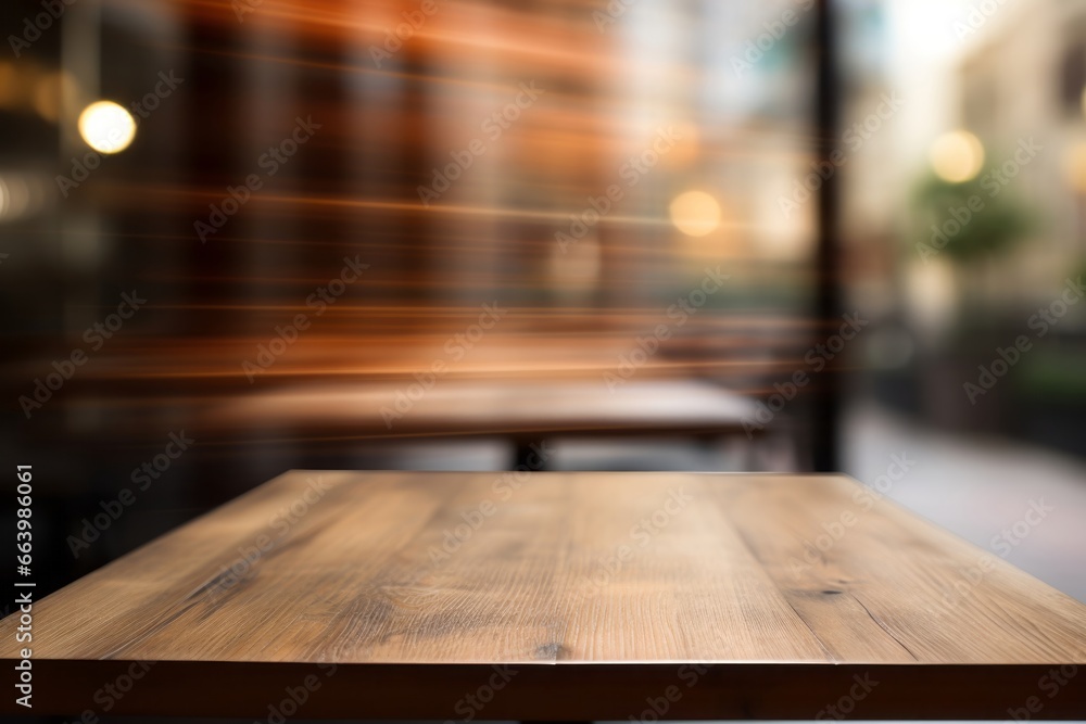 Warm toned wooden table against blurred city lights, an inviting display space with an urban evening ambiance. Warm toned wooden table against blurred city lights, an inviting display space with an urban evening ambiance.