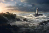Solitary lighthouse on a wind-swept coastline emphasizing the vastness of the ocean
