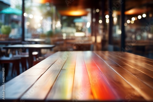 Wallpaper Mural Warm toned wooden table against blurred city lights, an inviting display space with an urban evening ambiance. Torontodigital.ca