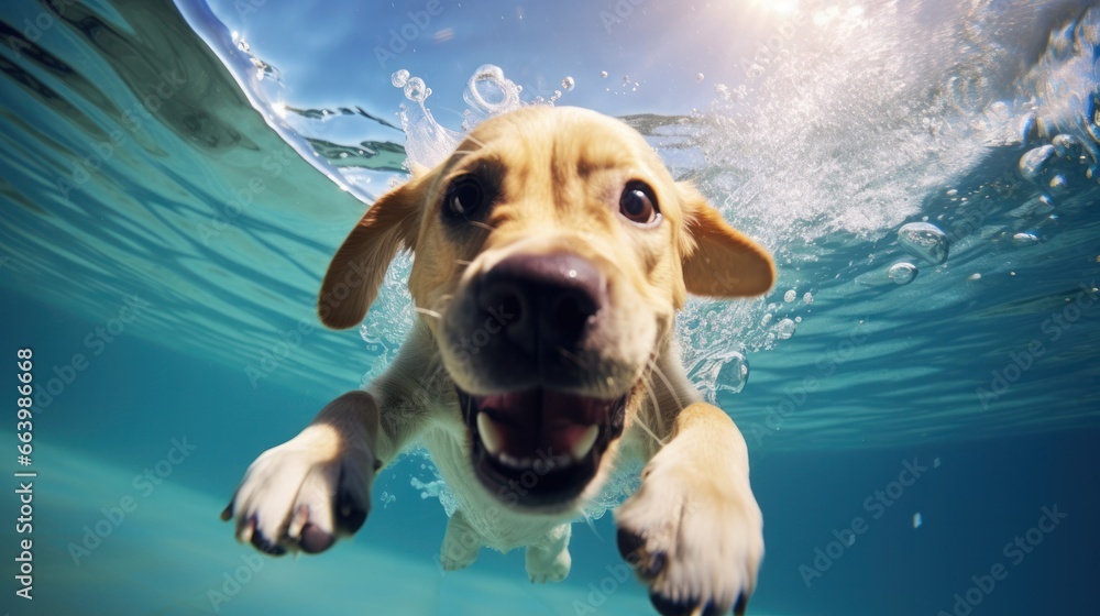 Funny underwater picture of puppies in swimming pool playing deep dive action training game with family pets and popular dog breeds during summer holidays. recreation, relax, generate by AI.