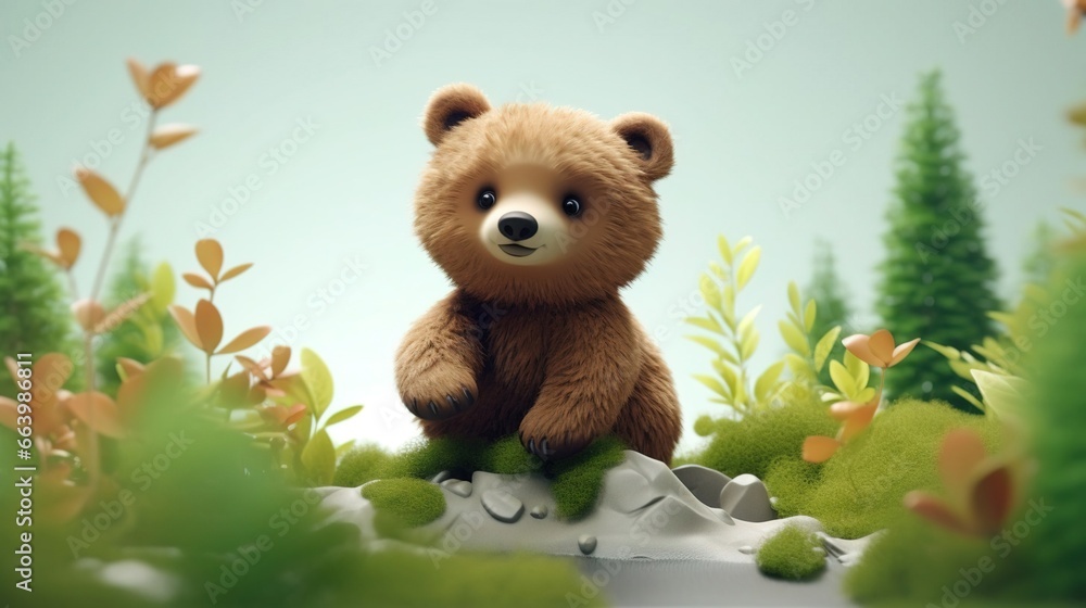 Cute scene of a baby bear in nature, illustration in 3d cartoon style. Created with Generative Ai technology. Cute scene of a baby bear in nature, illustration in 3d cartoon style. Created with Generative Ai technology.