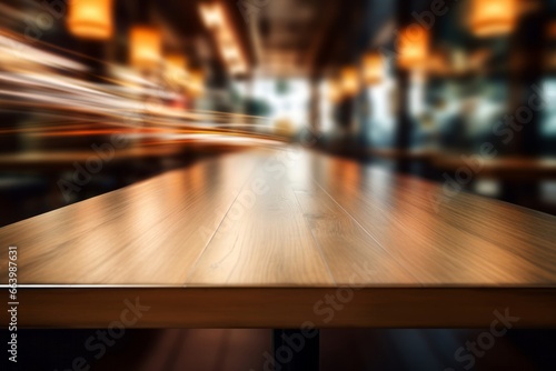 Warm toned wooden table against blurred city lights, an inviting display space with an urban evening ambiance. © Phanida