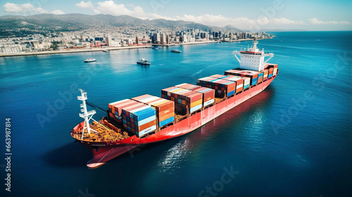 Container ship getting to port. Cargo, transportation, supply and  economy idea photo