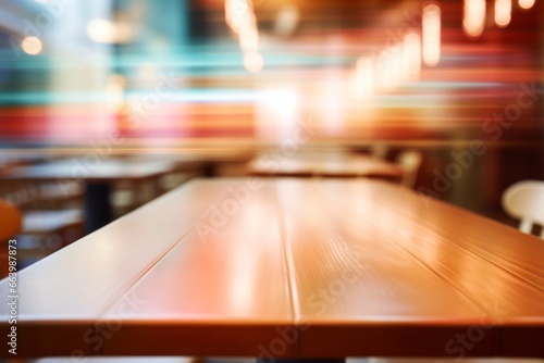 Wallpaper Mural Warm toned wooden table against blurred city lights, an inviting display space with an urban evening ambiance. Torontodigital.ca