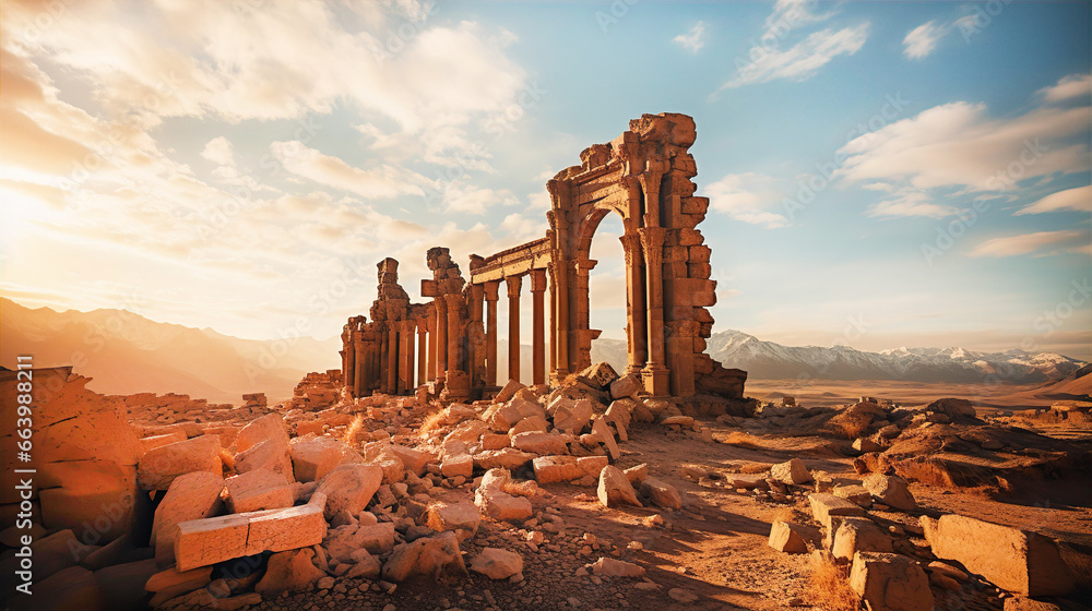 Beautiful ruins of ancient temples in Jordan desert. Temples with columns at sunset, travel and history concept - obrazy, fototapety, plakaty 