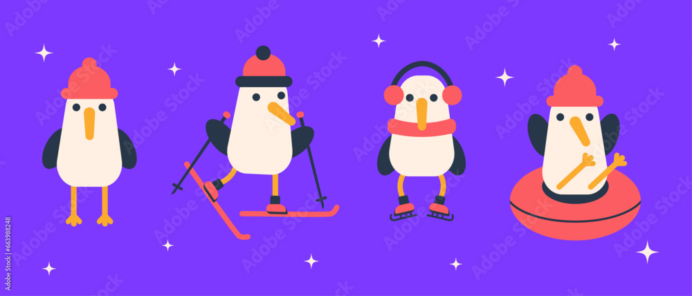 Vector illustration of winter gulls. Isolated purple background. Cute characters. Winter sports