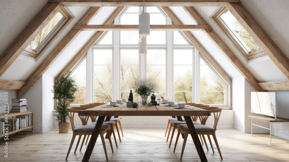 Dining table and chairs in attic with wood beams. Scandinavian interior design of modern dining room. Dining table and chairs in attic with wood beams. Scandinavian interior design of modern dining room.
