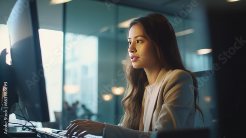 Big Diverse Corporate Office: Portrait of Beautiful Asian Manager Using Desktop Computer, Businesswoman Managing Company Operations, Analysing Statistics, Commerce Data, Marketing Plans 