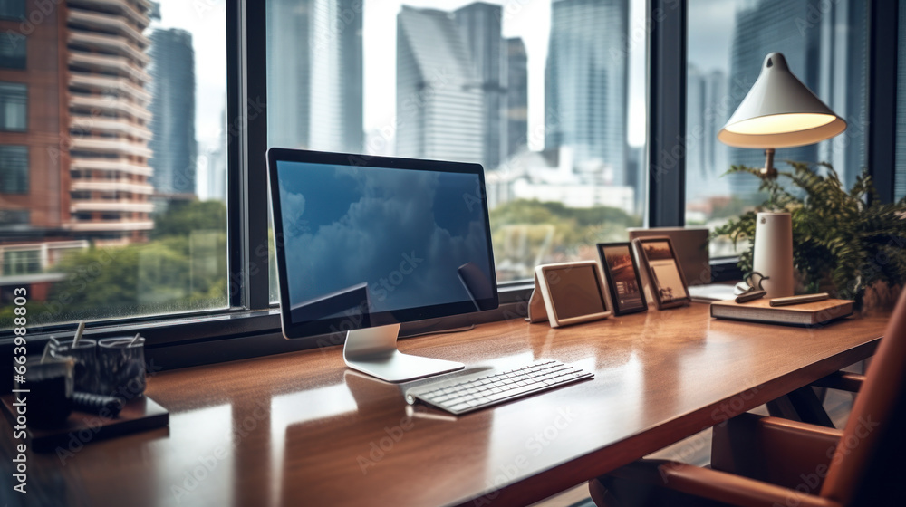 Modern computer on table in office interior. Stylish workplace wide angle lens realistic daylight Modern computer on table in office interior. Stylish workplace wide angle lens realistic daylight
