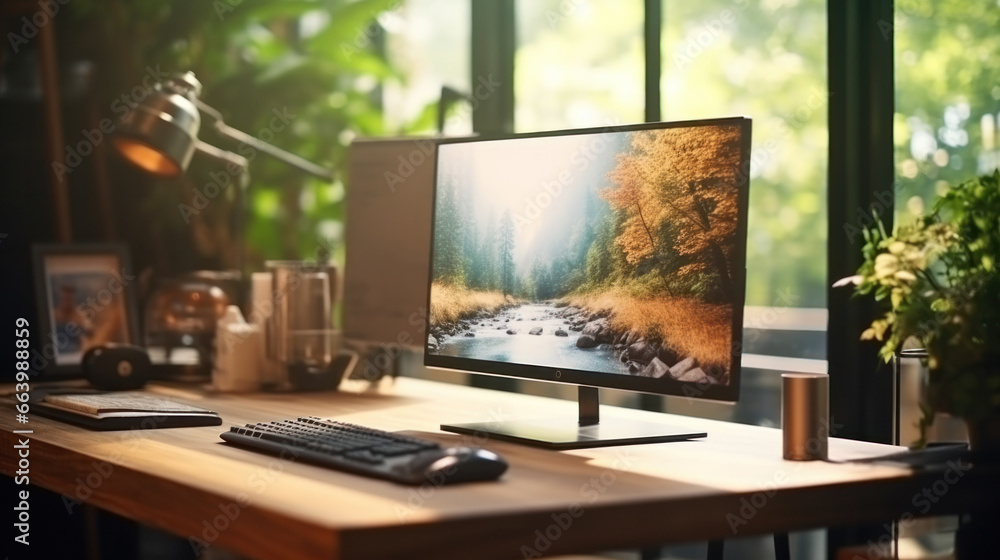 Modern computer on table in office interior. Stylish workplace wide angle lens realistic daylight Modern computer on table in office interior. Stylish workplace wide angle lens realistic daylight