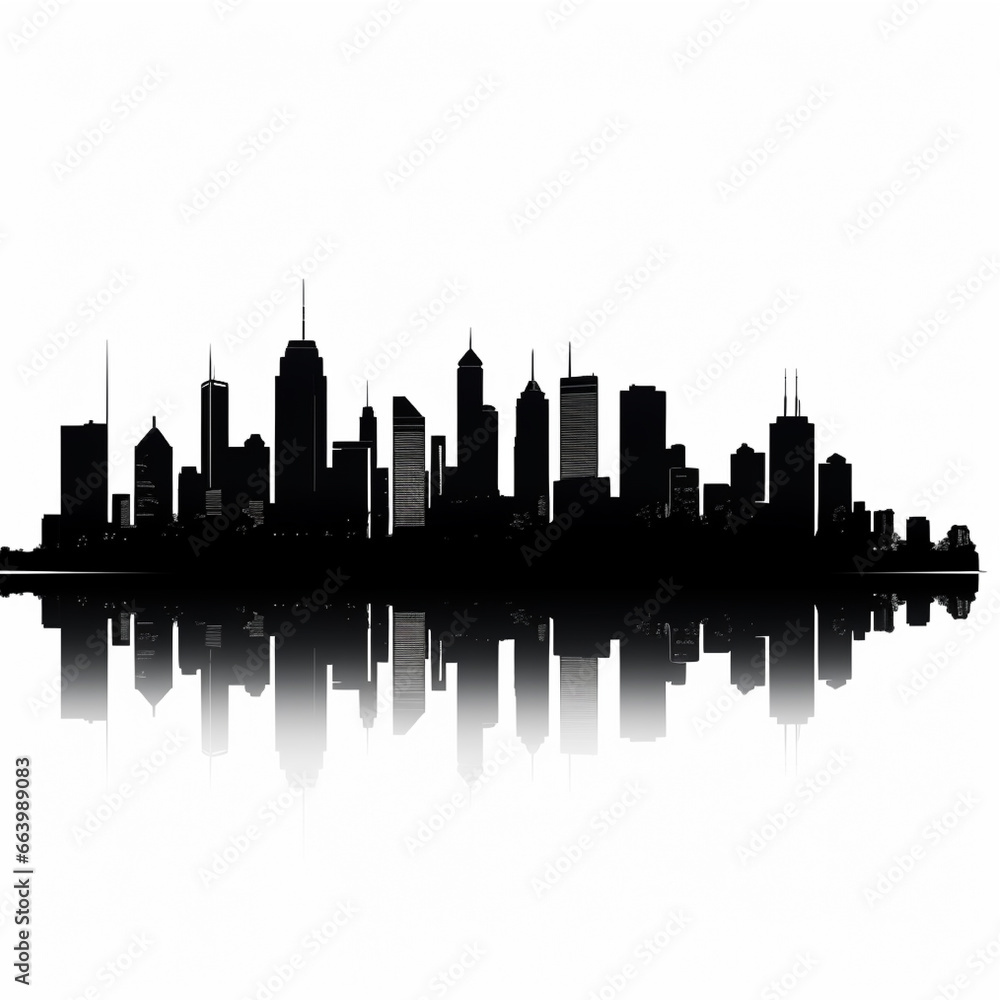 City skyline silhouette with reflection on a white background. Vector illustration.
