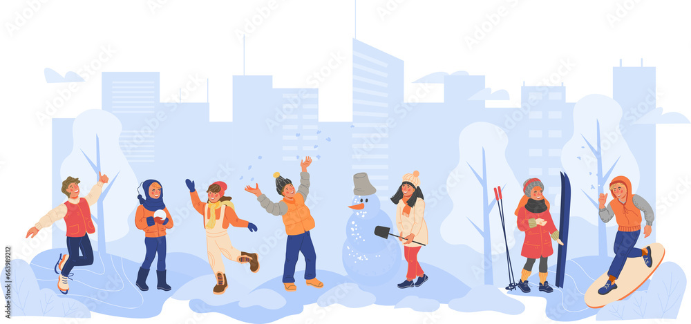 Children playing snow games and performing winter sport activity in city. Winter modern town background with playing kids.