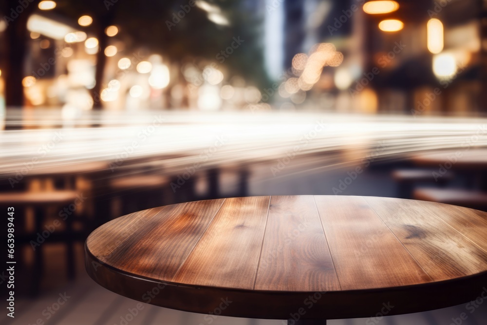 Obraz premium Warm toned wooden table against blurred city lights, an inviting display space with an urban evening ambiance.