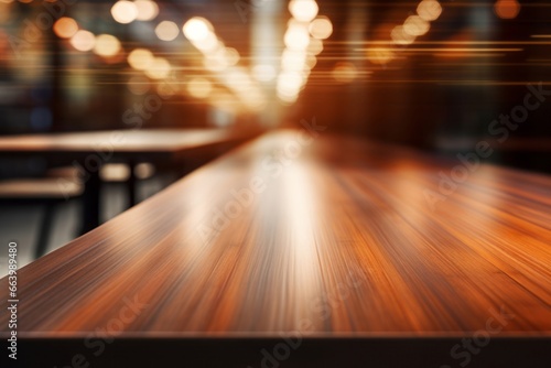 Warm toned wooden table against blurred city lights, an inviting display space with an urban evening ambiance.