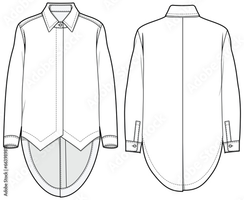 Women's Shirt Blouse flat sketch fashion illustration drawing, Long sleeve high low asymmetric hem formal shirt for girls and ladies template mock up