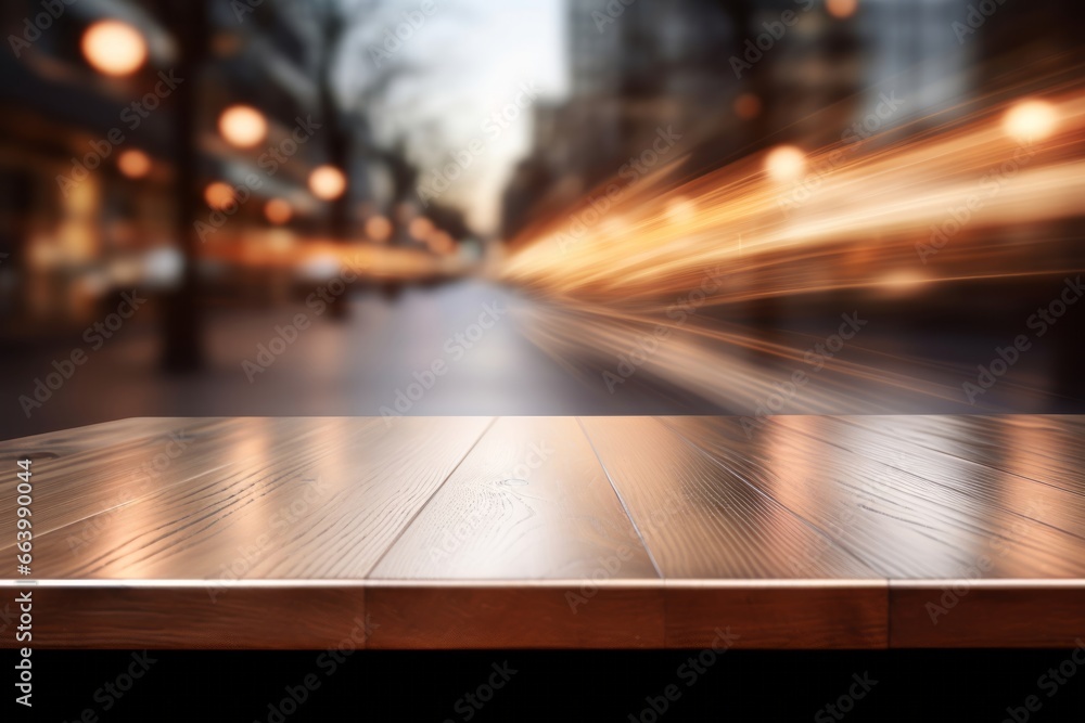 Warm toned wooden table against blurred city lights, an inviting display space with an urban evening ambiance. Warm toned wooden table against blurred city lights, an inviting display space with an urban evening ambiance.