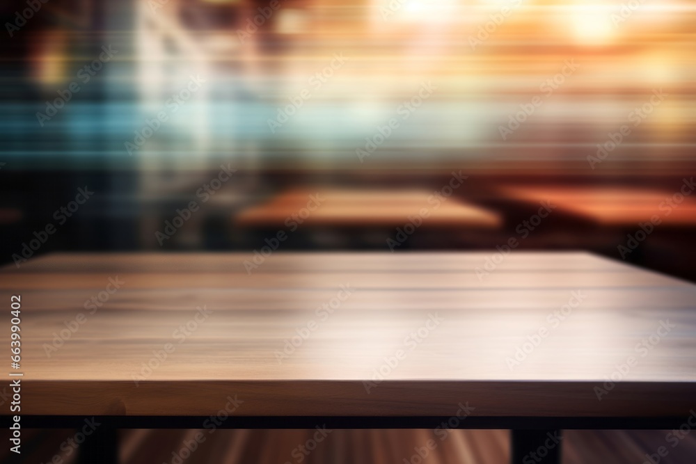 Warm toned wooden table against blurred city lights, an inviting display space with an urban evening ambiance. Warm toned wooden table against blurred city lights, an inviting display space with an urban evening ambiance.