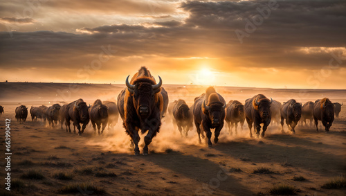 photo of a bison stampede in the US prairie, bisons running, dust, sunset photo