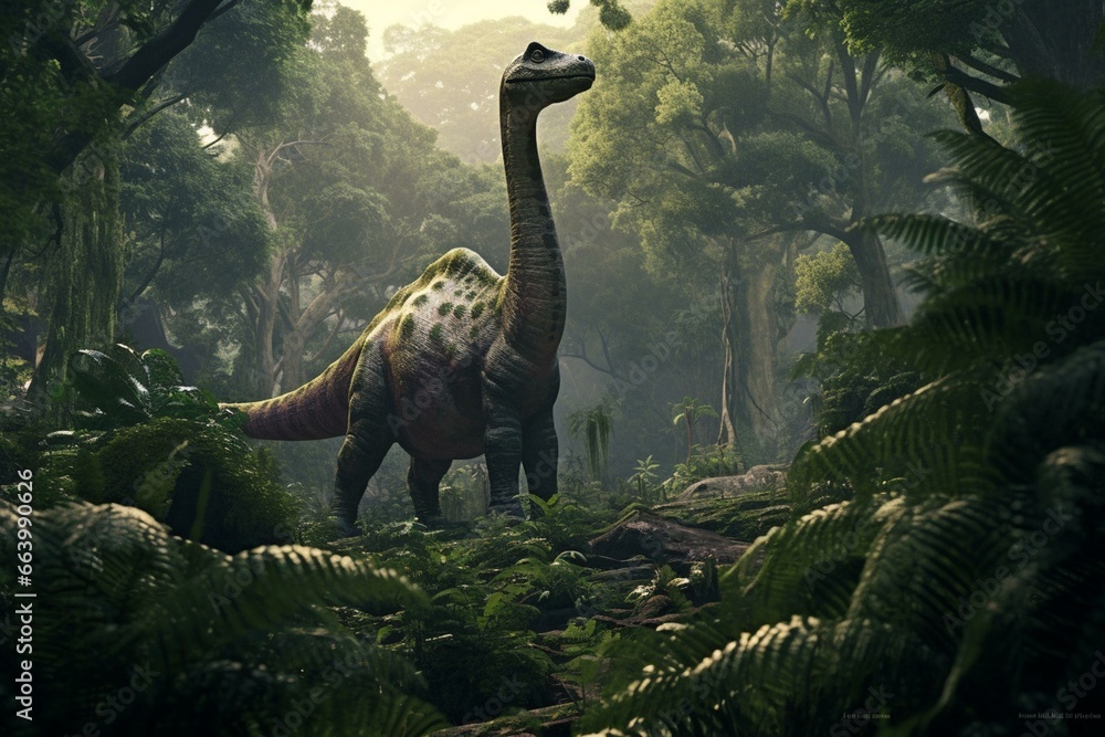A peaceful scene of a brachiosaurus in a lush jungle habitat. Generative AI - obrazy, fototapety, plakaty 