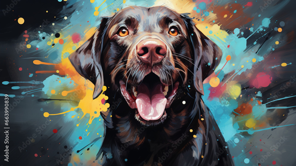 Adorable labrador retriever dog in mixed grunge color illustration. - obrazy, fototapety, plakaty 