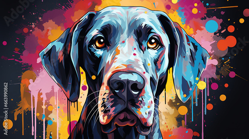 Adorable great dane dog in mixed grunge color illustration.