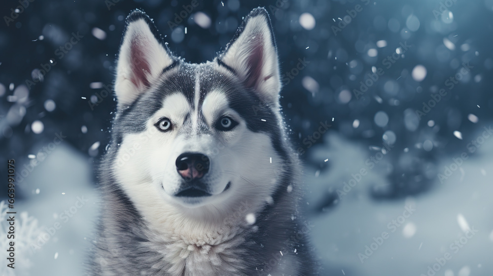 Cool looking Siberian Husky dog  isolated on snowing background. Christmas theme.
