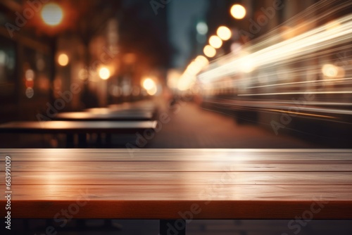 Warm toned wooden table against blurred city lights, an inviting display space with an urban evening ambiance.